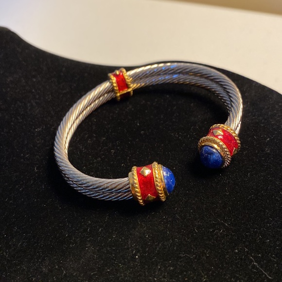 Avon Silver Tone Twisted Rope Cuff Bracelet with Ref Enamel/Blue Stone - Picture 2 of 5